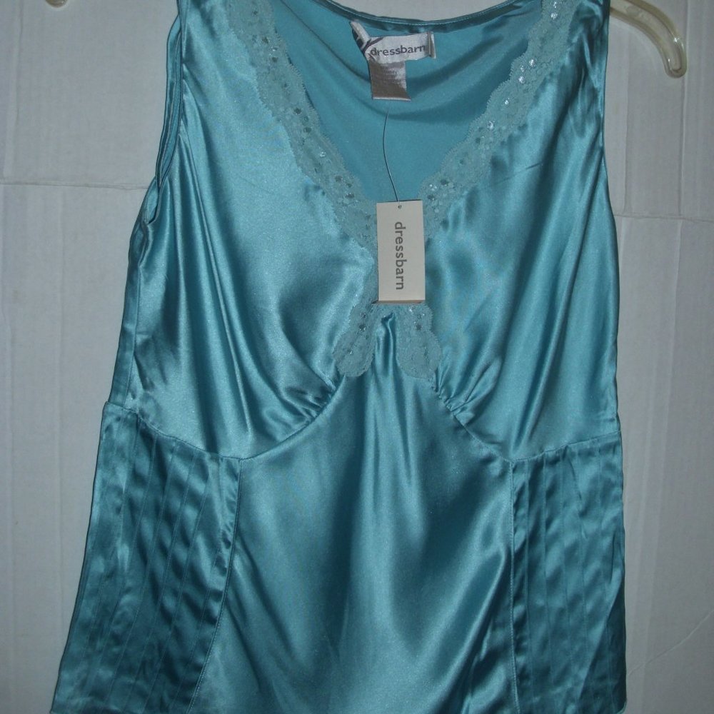 Dressbarn Blue Luxury Satin Finish Silk Lace Trimmed Pleated Small Tank Top/Cami